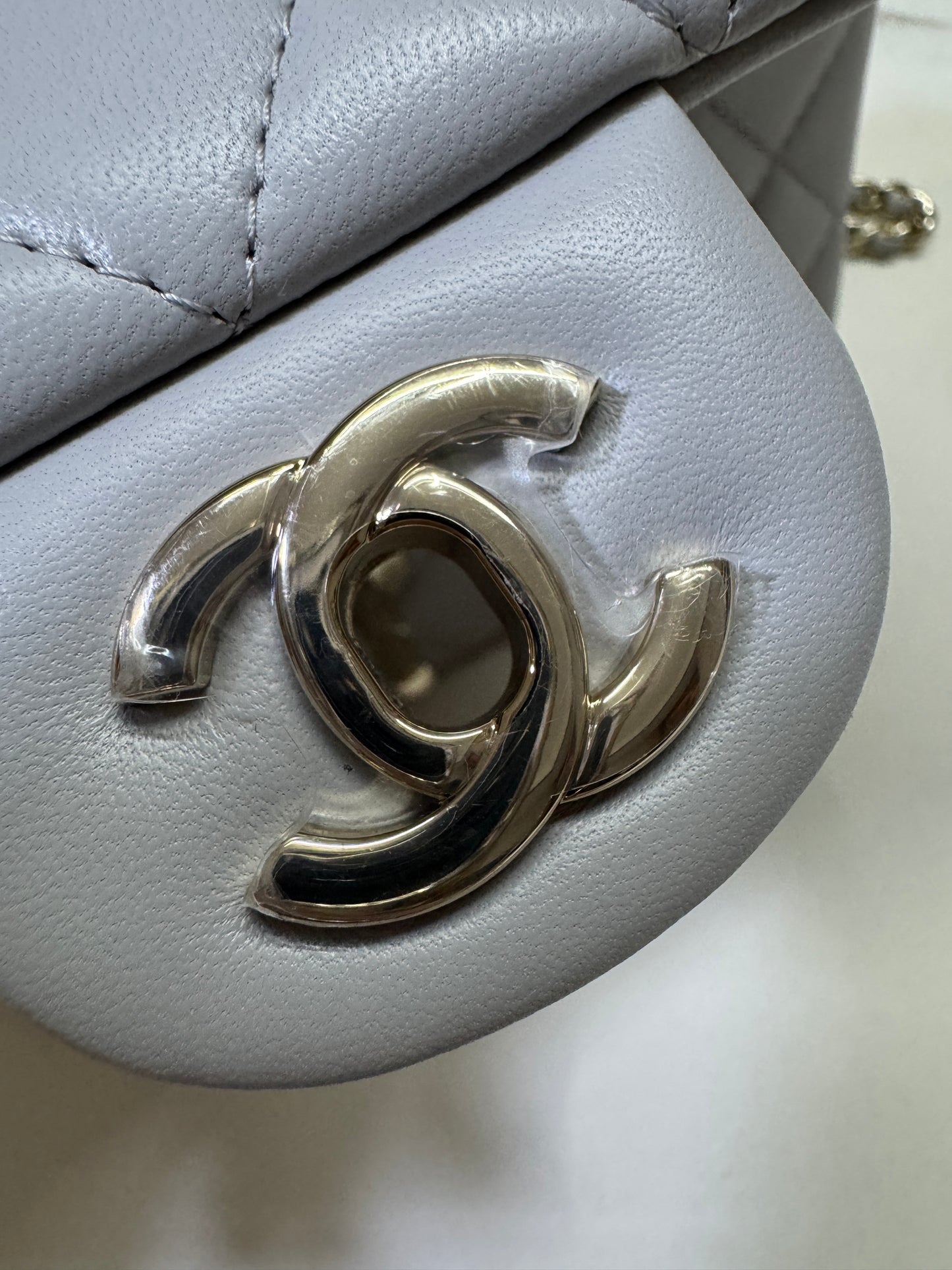 CHANEL Mini CF Handle 25P 淺灰色羊皮
