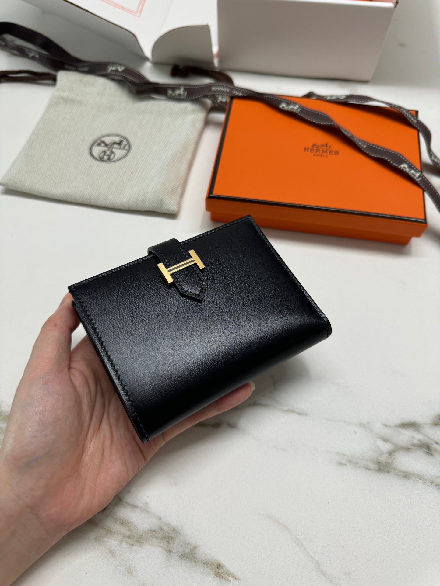 HERMES Bearn Wallet 短款 Box皮 金扣
