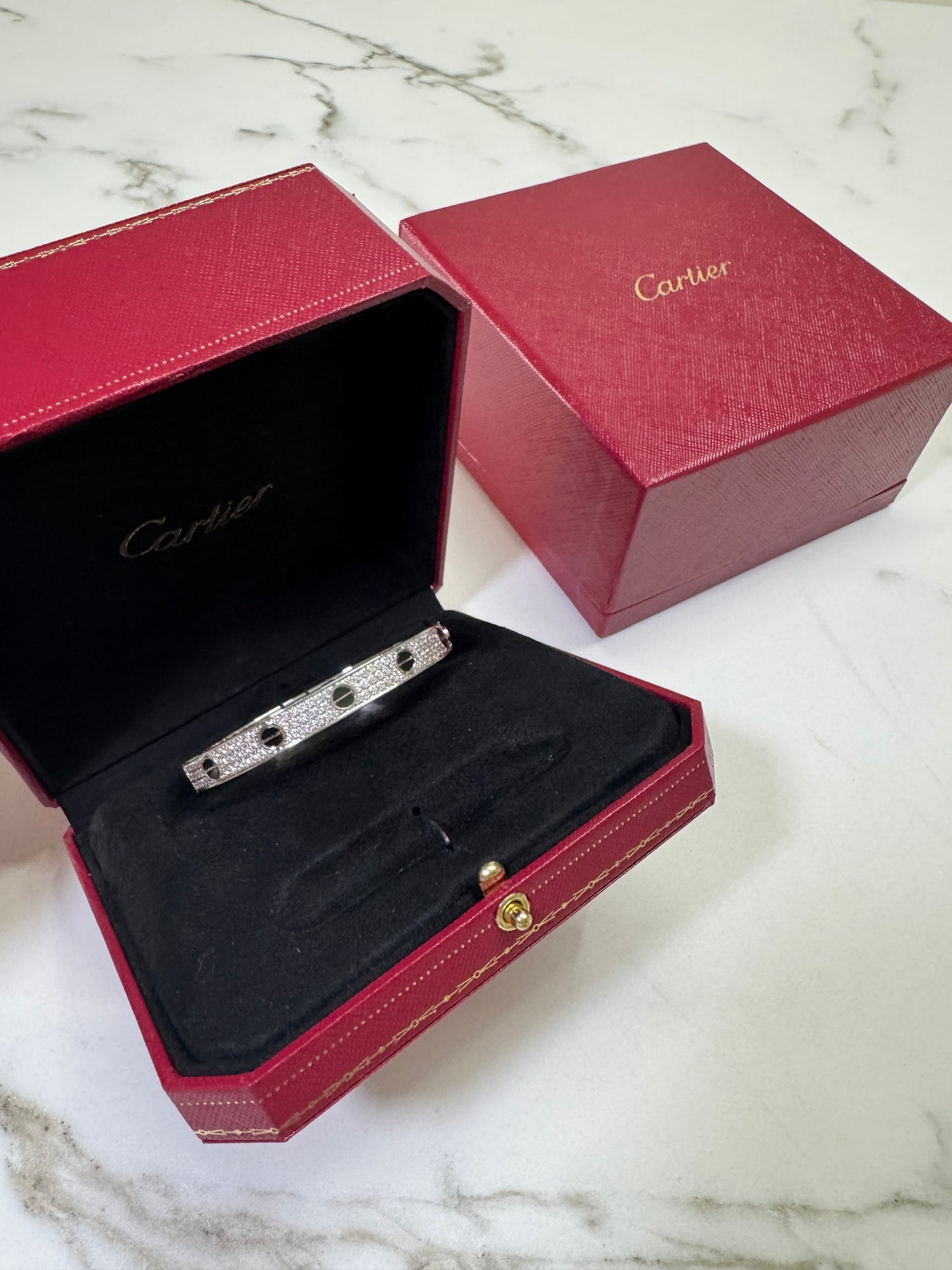 CARTIER Love Bracelet 滿天星黑釘手鐲 【純銀電鍍18K白金+莫桑鑽】