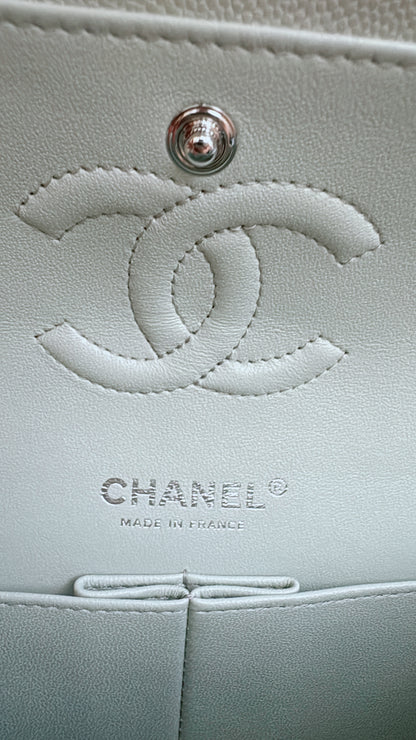 CHANEL CF23 淺灰藍色 魚子醬牛皮 銀扣
