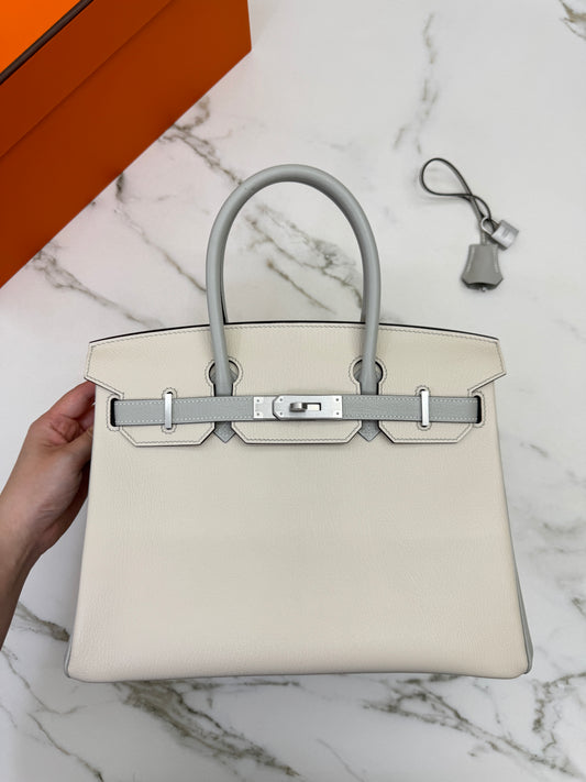 HERMES Birkin 30 SO 珍珠灰拼奶昔白山羊皮 拉絲銀扣 Chevre Mysore Gris Pearl x Craie