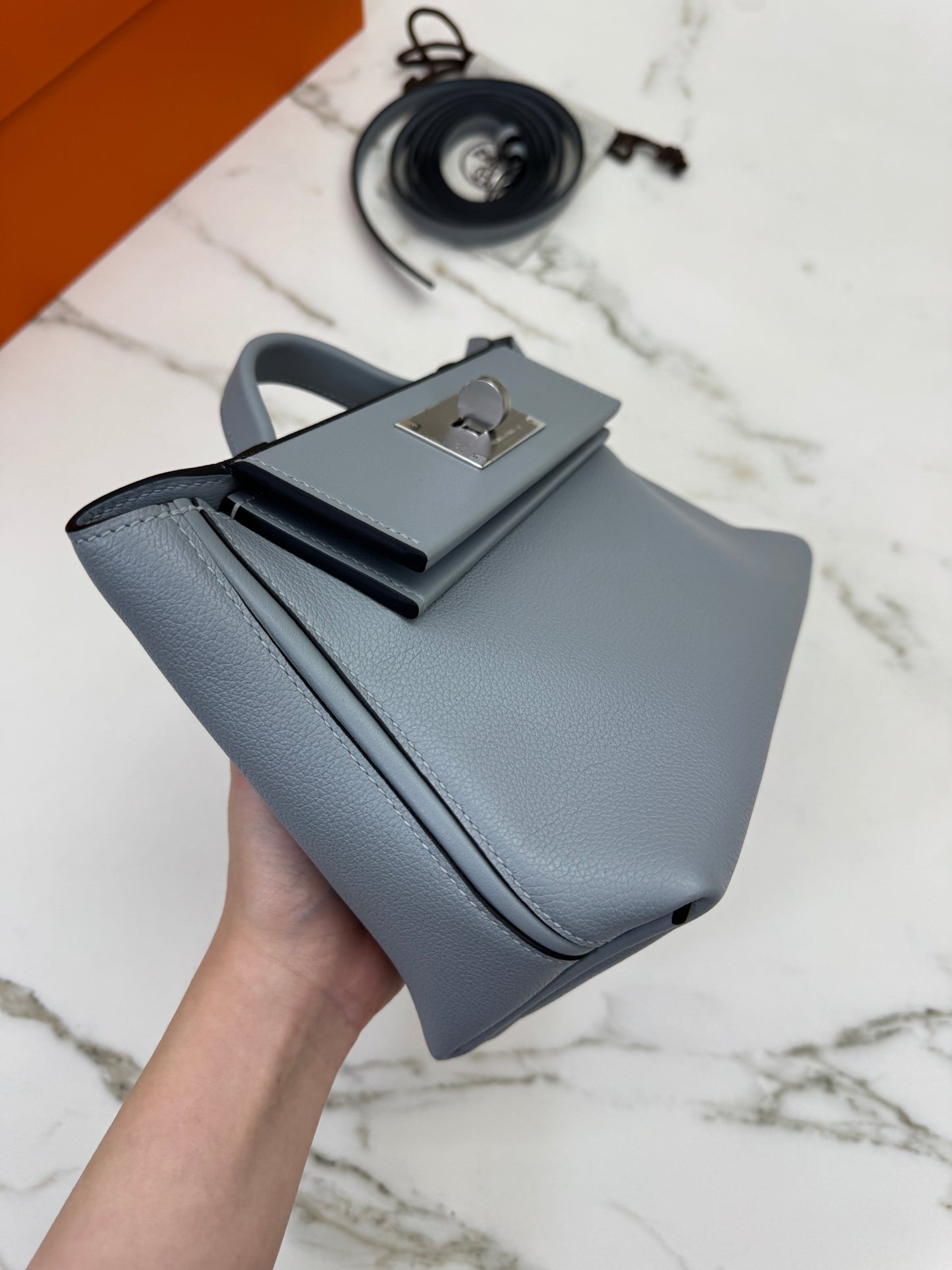 HERMES Mini 2424 木偶灰銀扣 Evercolor Gris Platin PHW