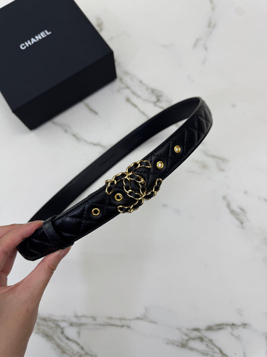 CHANEL 穿皮鏈扣菱格紋皮帶 黑金