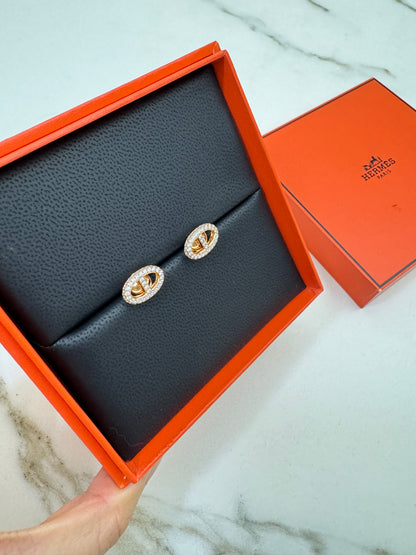 HERMES 豬鼻滿鑽玫瑰金耳環