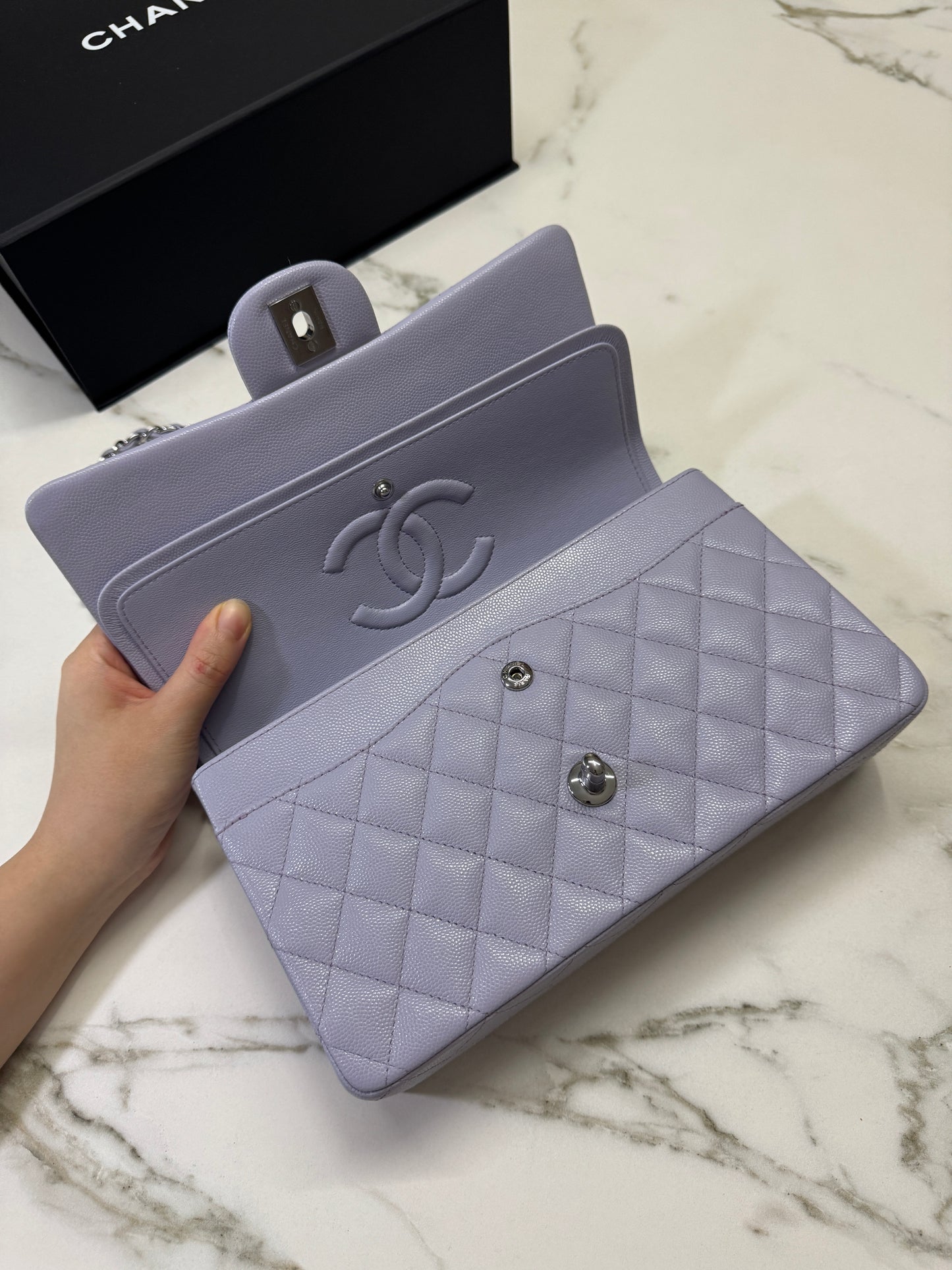 CHANEL CF25 Medium 21K香芋紫銀扣 牛皮 caviar
