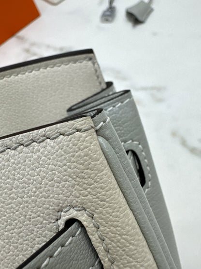 HERMES Birkin 25 SO 奶昔白拼珍珠灰 山羊皮 拉絲銀扣