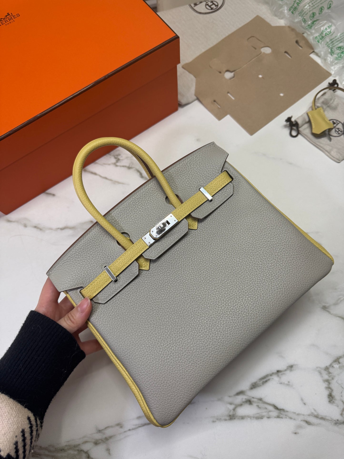 HERMES Birkin25 SO 珍珠灰拼小雞黃 Togo PHW