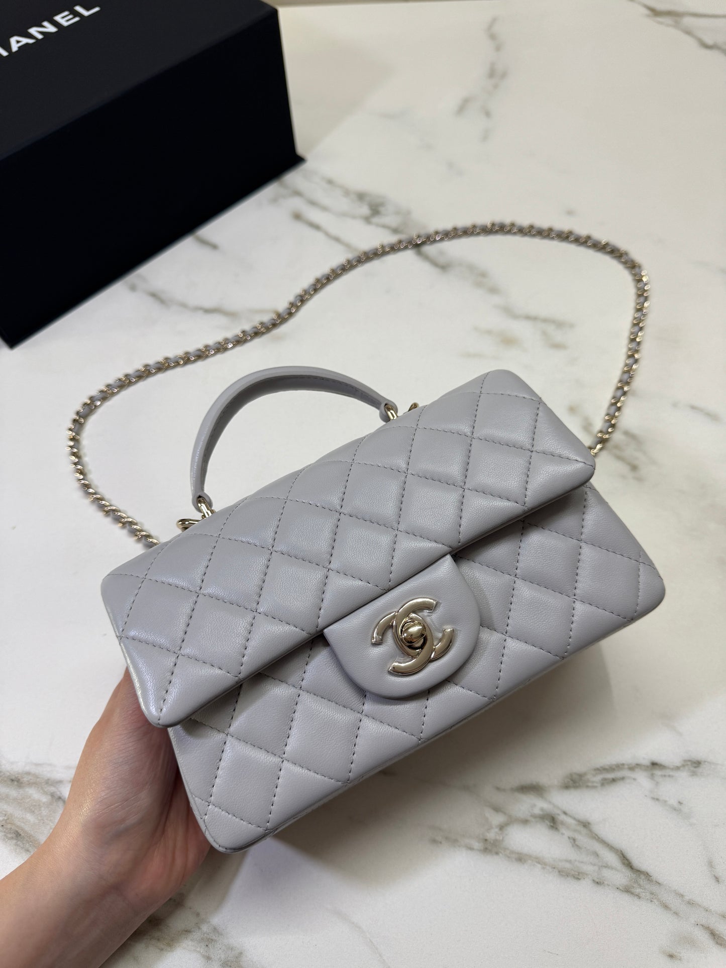 CHANEL Mini CF Handle 25P 淺灰色羊皮