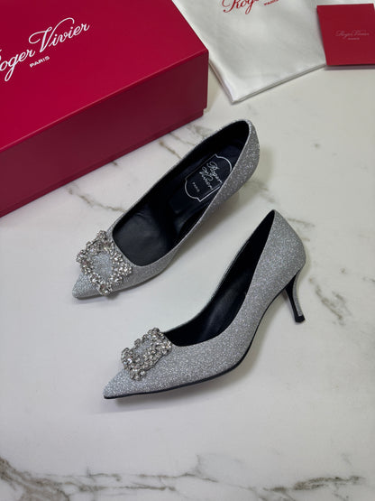 RV 銀色細閃 鑽扣高跟鞋 6cm