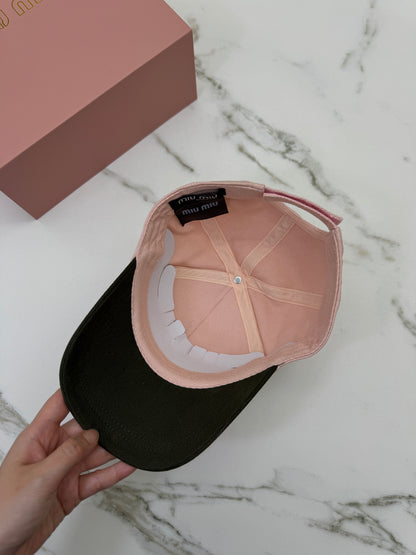 MIU MIU 粉紅拼卡其綠棒球帽