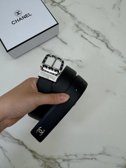 CHANEL Belt 雙面皮帶銀扣 酒紅拼黑