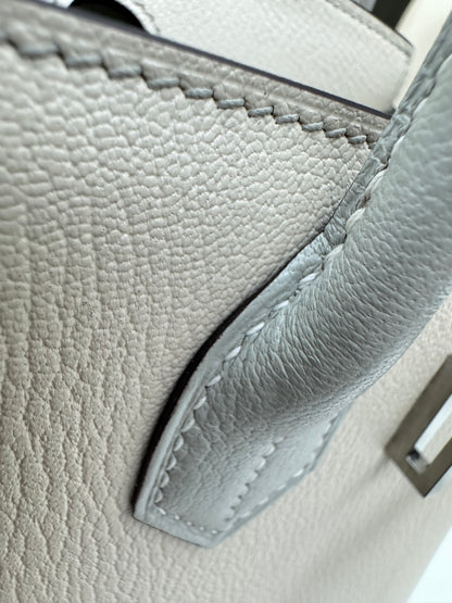 HERMES Birkin 30 SO 珍珠灰拼奶昔白山羊皮 拉絲銀扣 Chevre Mysore Gris Pearl x Craie