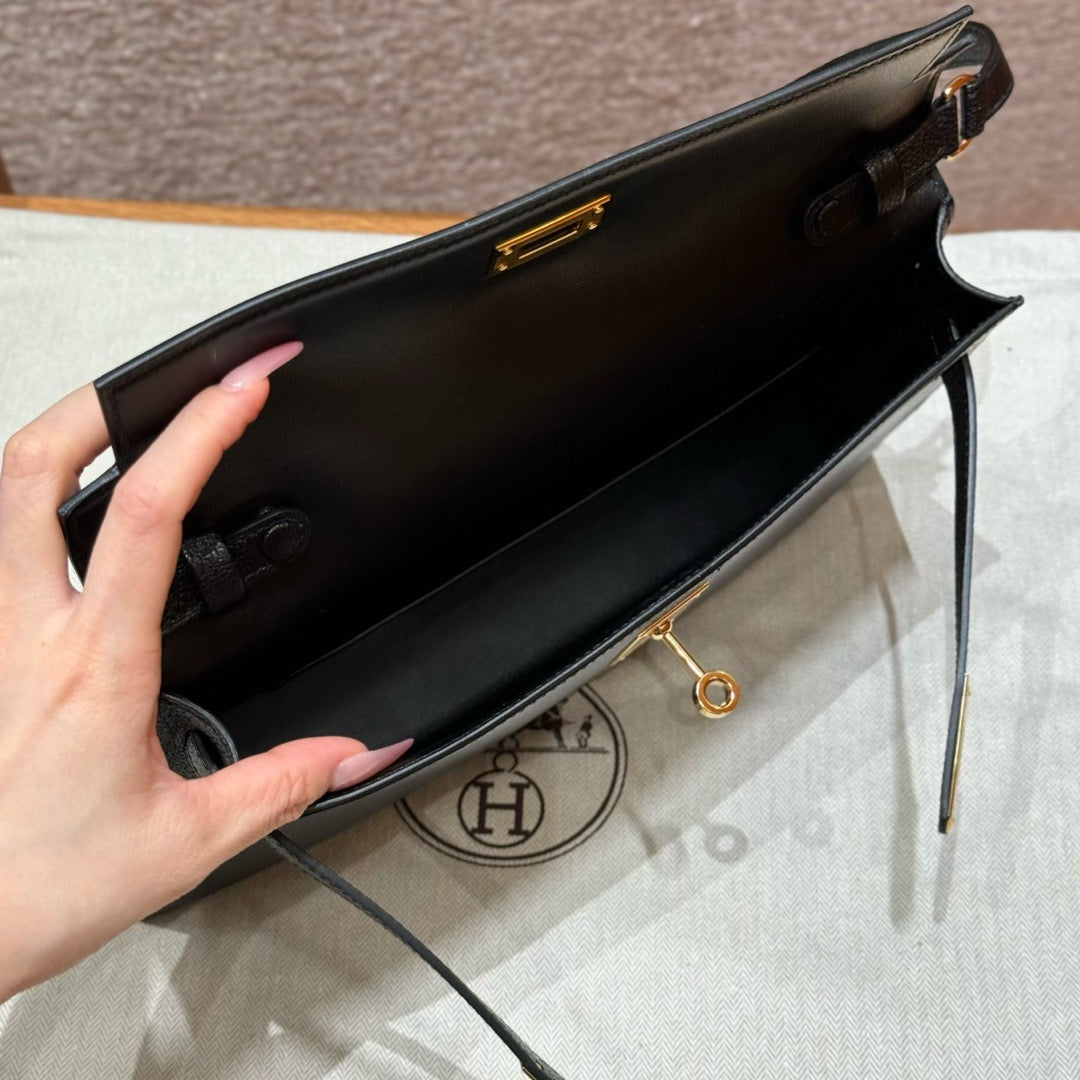 HERMES Kelly Elan 山羊皮 黑色 金扣 Noir GHW