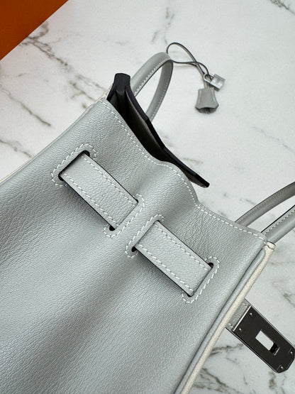 HERMES Birkin 30 SO 珍珠灰拼奶昔白山羊皮 拉絲銀扣 Chevre Mysore Gris Pearl x Craie
