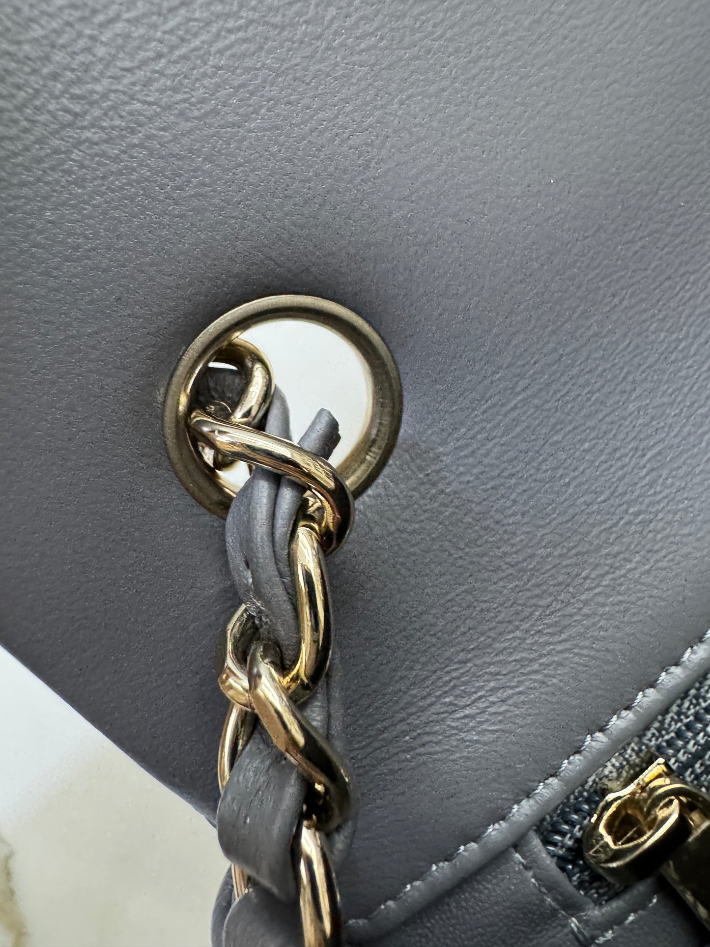 CHANEL Mini CF 深灰色羊皮淺金扣