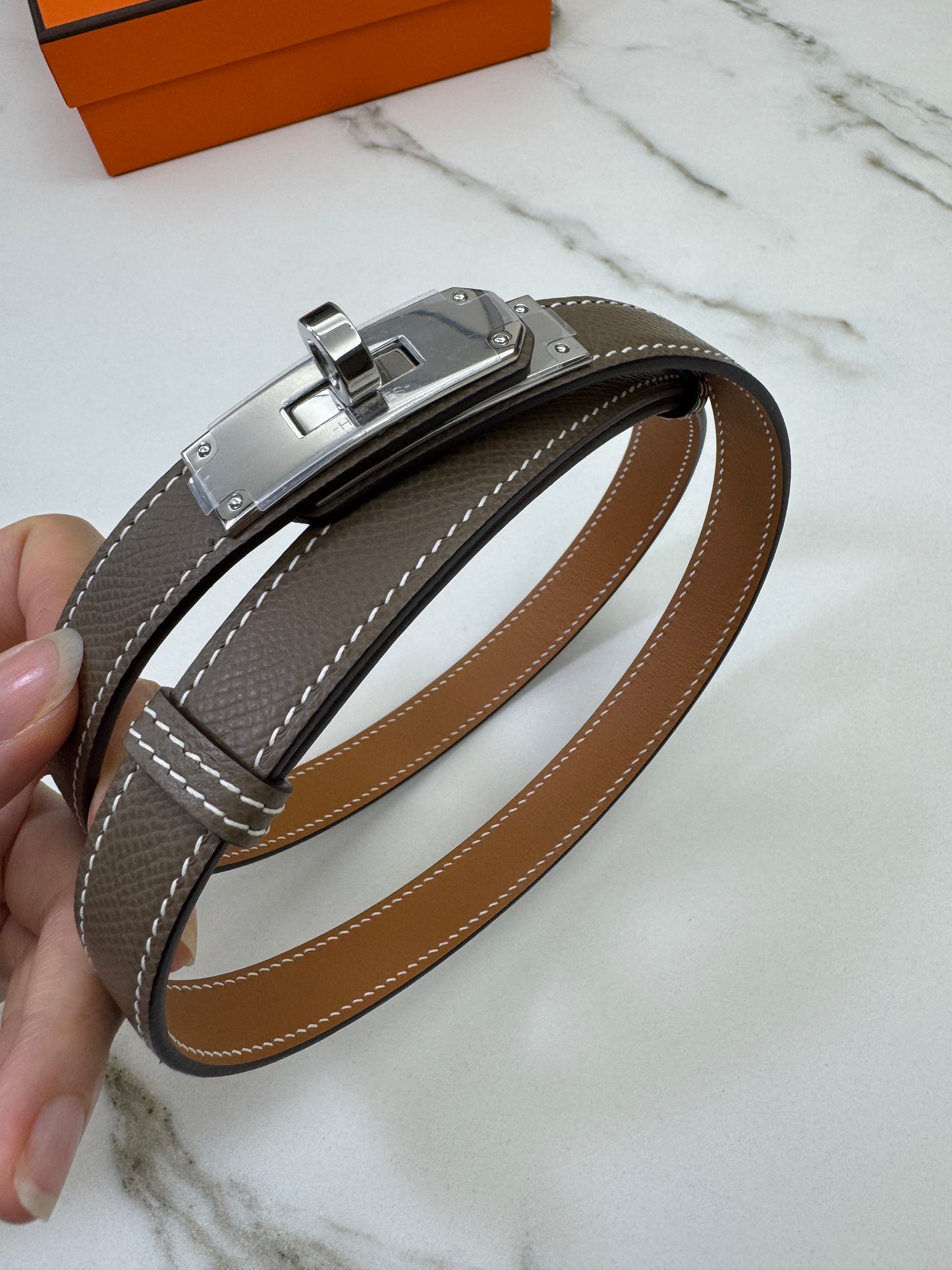 HERMES Kelly Belt 大象灰銀扣（手縫蠟線）