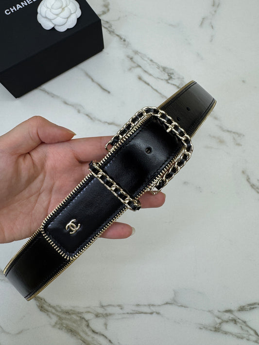 CHANEL 拉鏈皮帶 黑金