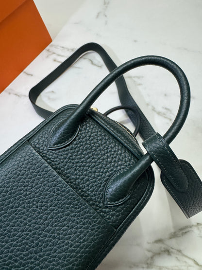 HERMES Mini Lindy II 深綠色 金扣 67 Vert Fonce TC GHW