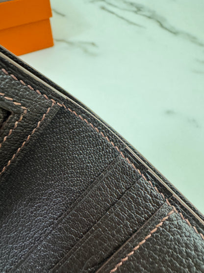 HERMES Bearn Wallet 亮面灣鱷 巧克力色 金扣 Porosus Crocodile Chocolate GHW