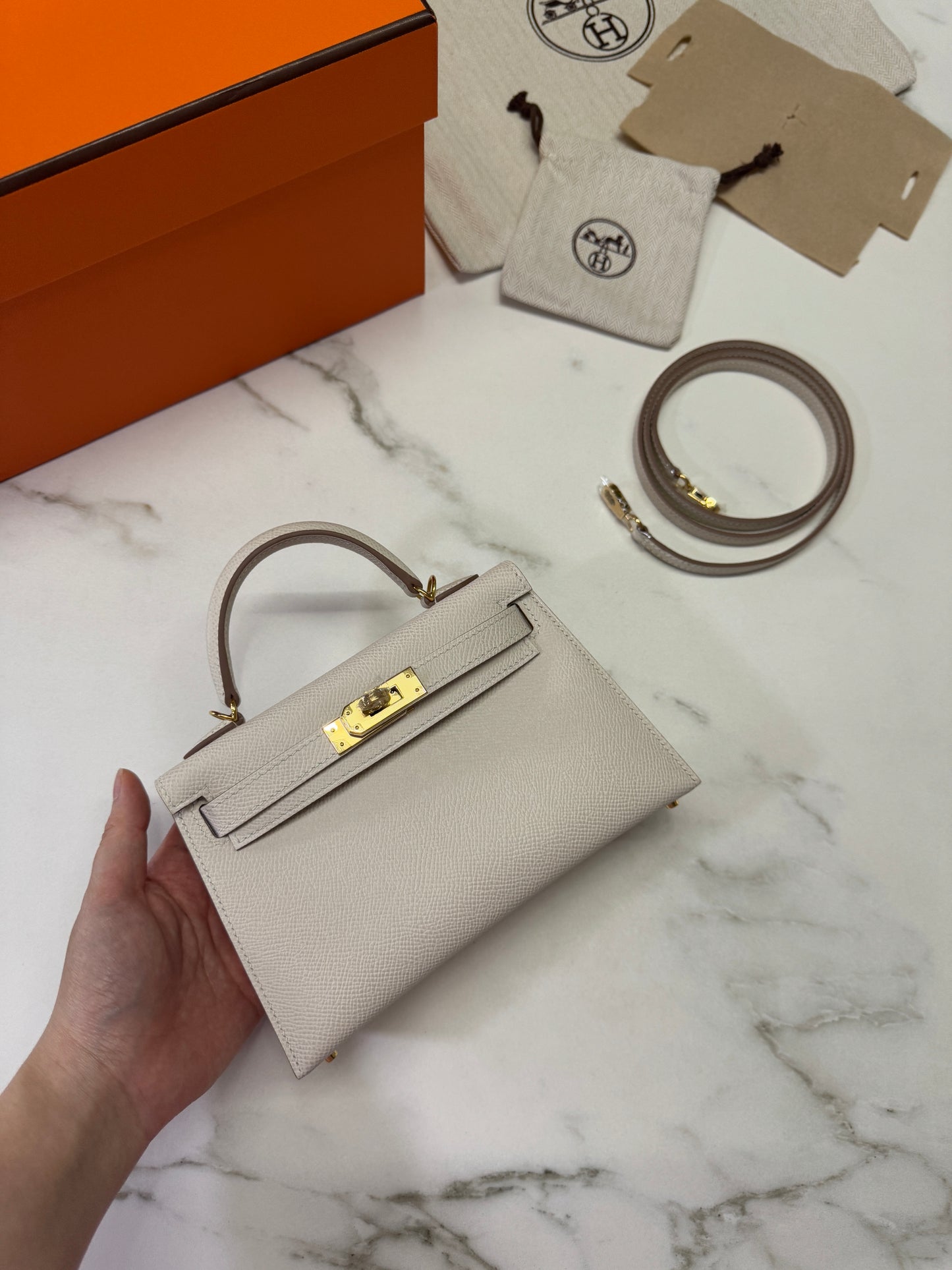 HERMES Mini Kelly II 奶昔白金扣 Epsom Craie GHW