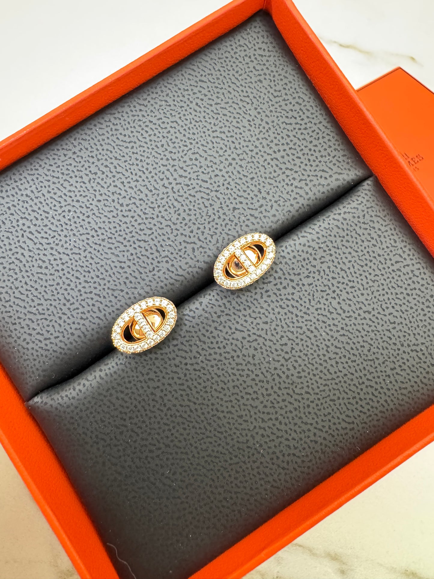 HERMES 豬鼻滿鑽玫瑰金耳環