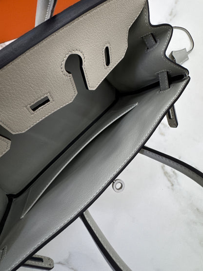 HERMES Birkin 25 SO 奶昔白拼珍珠灰 山羊皮 拉絲銀扣
