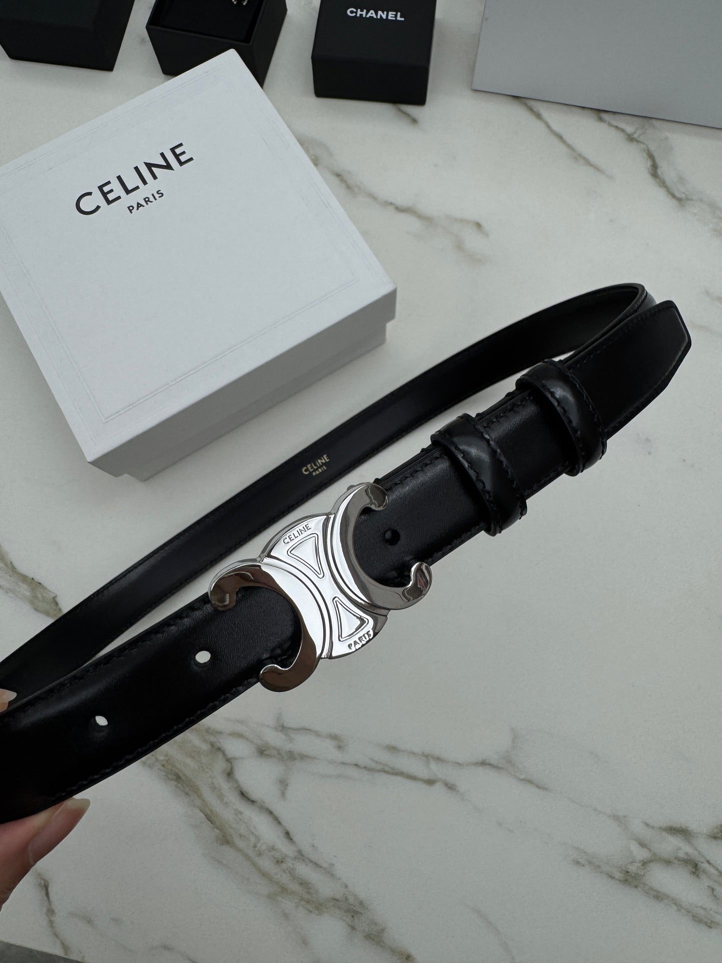 CELINE 凱旋門皮帶黑銀 2.5cm