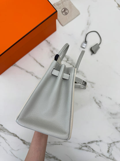 HERMES Birkin 25 SO 奶昔白拼珍珠灰 山羊皮 拉絲銀扣