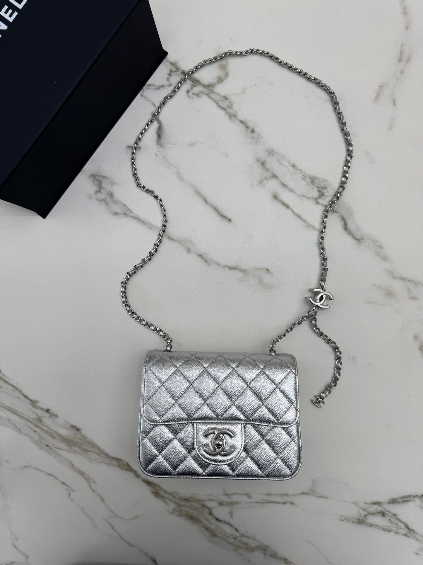 CHANEL 25B調節扣 銀色方胖子 Mini CF Square Caviar Calfskin