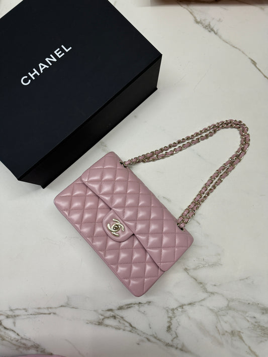 CHANEL CF25 24P櫻花粉羊皮 淺金扣