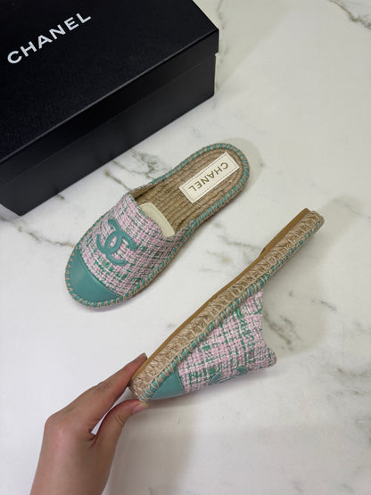 CHANEL 漁夫半拖 軟呢粉紅色拼綠色