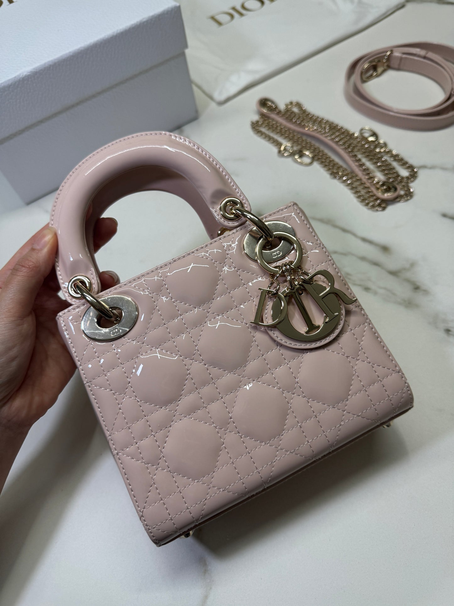 DIOR Lady Mini 三格 漆皮 淡粉 light Pink