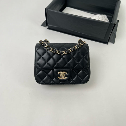 CHANEL CF17 方胖子 黑金羊皮 mini square