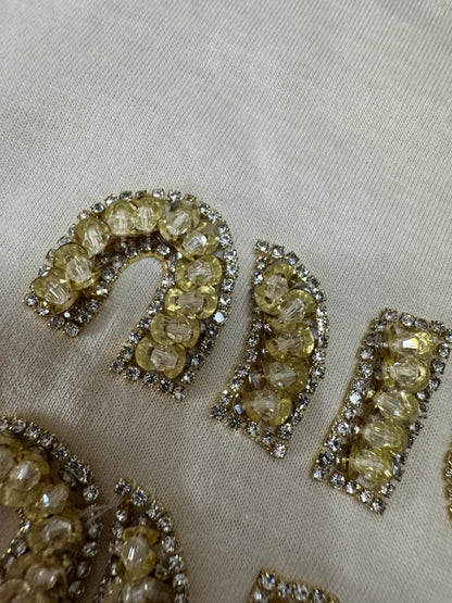 MIU MIU 水鑽Logo 米色T恤