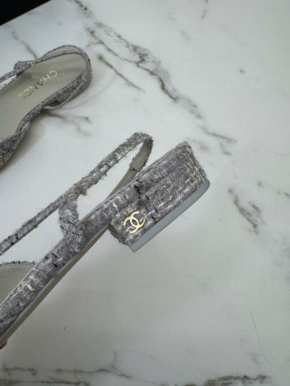 CHANEL 25B 灰白色金絲線Tweed Slingback