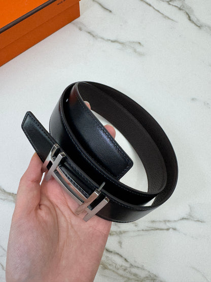 HERMES H au Carre 32mm 雙面皮帶 黑色拼烏木色