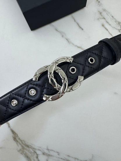 CHANEL 菱格紋 銀扣皮帶