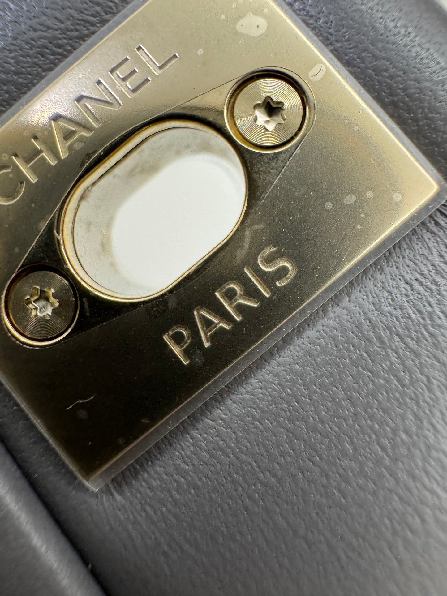 CHANEL Mini CF 深灰色羊皮淺金扣