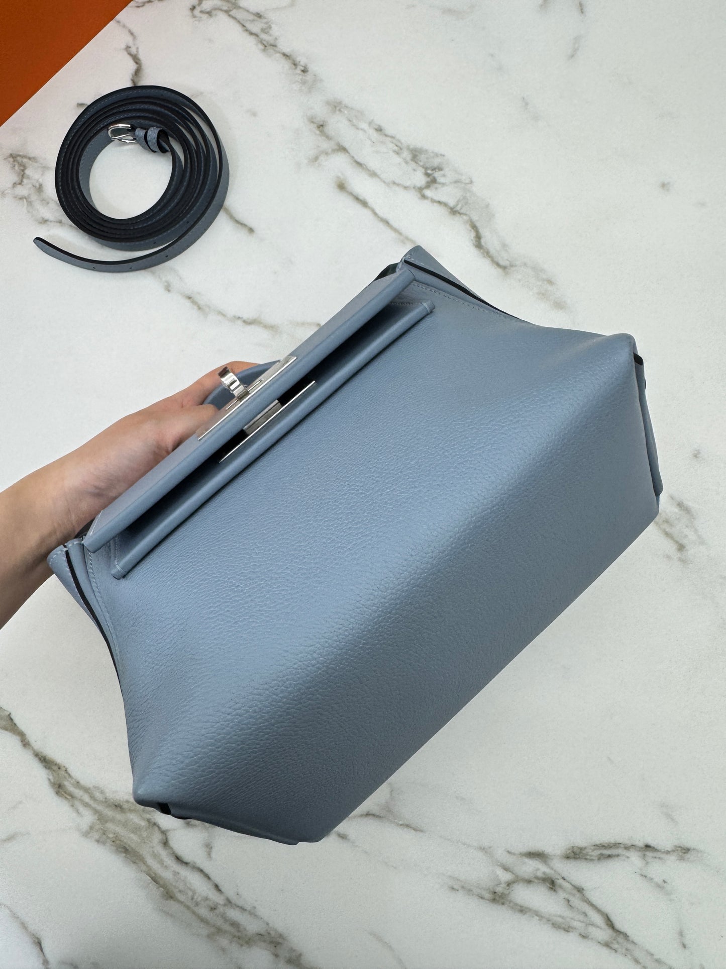 HERMES Mini 2424 亞麻藍銀扣 Evercolor Blue Lin PHW