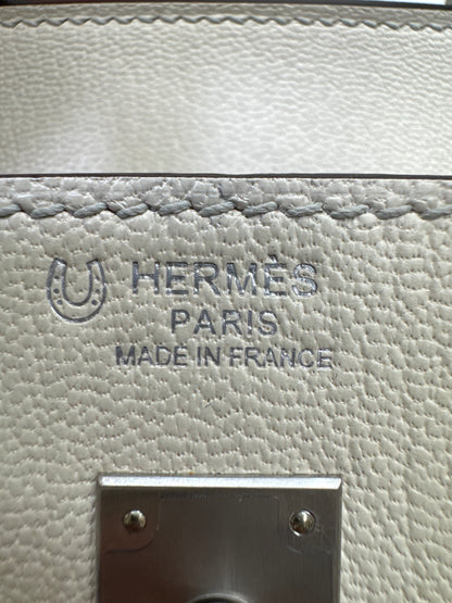 HERMES Birkin 25 SO 奶昔白拼珍珠灰 山羊皮 拉絲銀扣