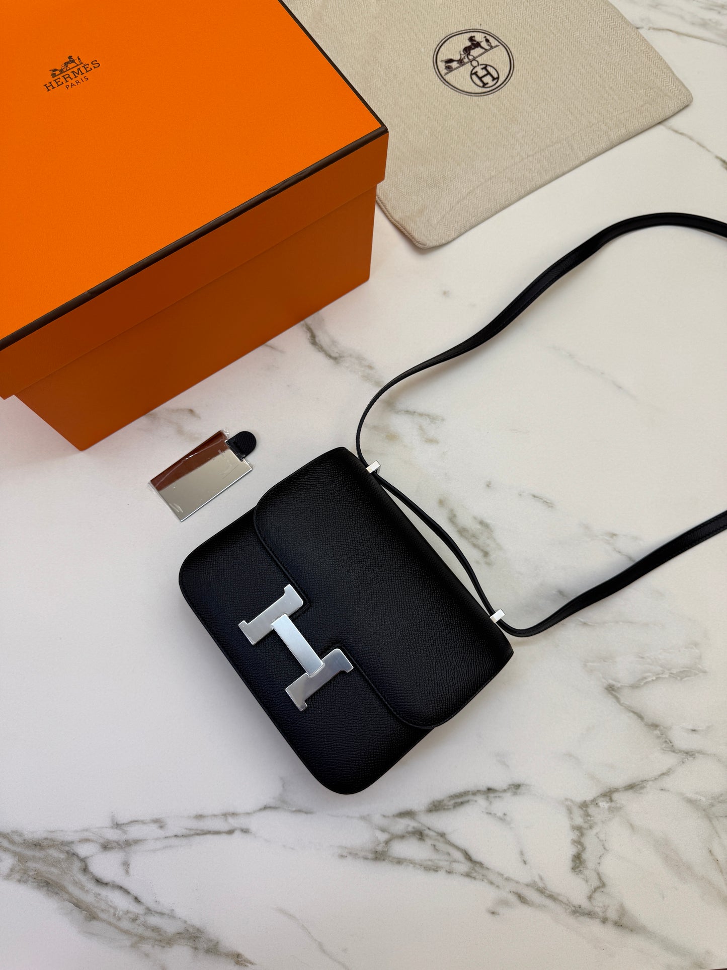 HERMES Mini Constance 新版 附鏡子 黑銀 Epsom PHW