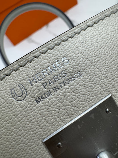 HERMES Birkin 30 SO 珍珠灰拼奶昔白山羊皮 拉絲銀扣 Chevre Mysore Gris Pearl x Craie