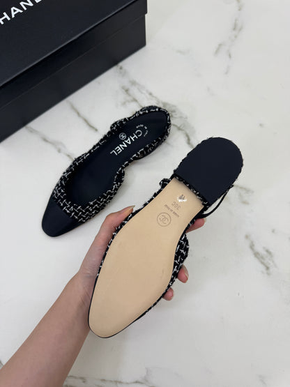 CHANEL Slingback Tweed 黑白粗花呢