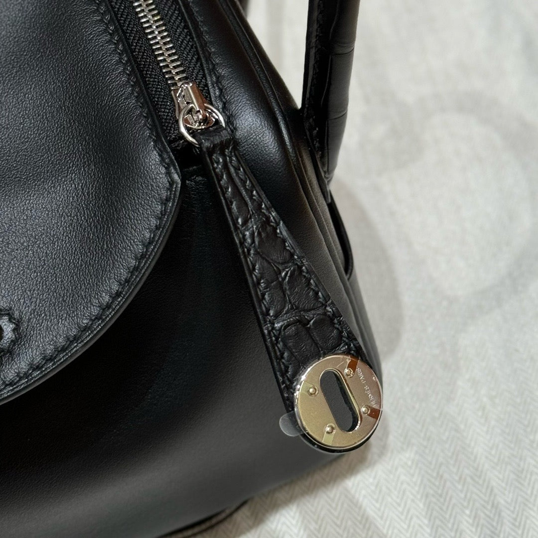 HERMES Mini Lindy Touch 拼鱷魚皮 黑色銀扣 noir
