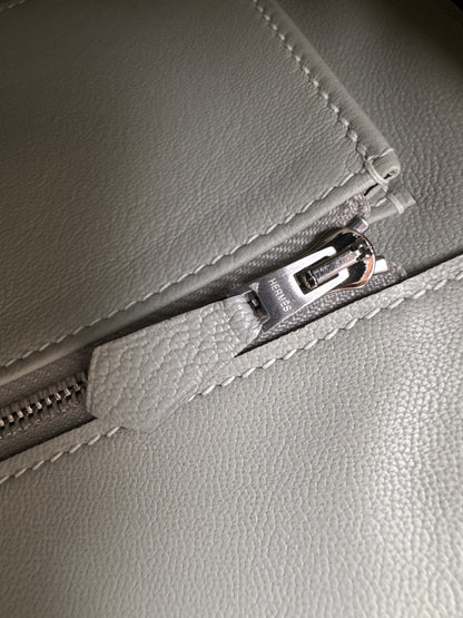 HERMES Birkin 25 SO 奶昔白拼珍珠灰 山羊皮 拉絲銀扣