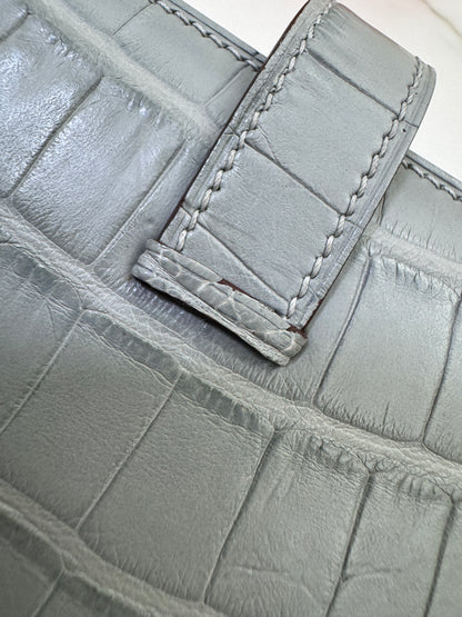 HERMES Bearn Compact Wallet 鱷魚皮珍珠灰金扣 Gris Perle Crocodile GHW