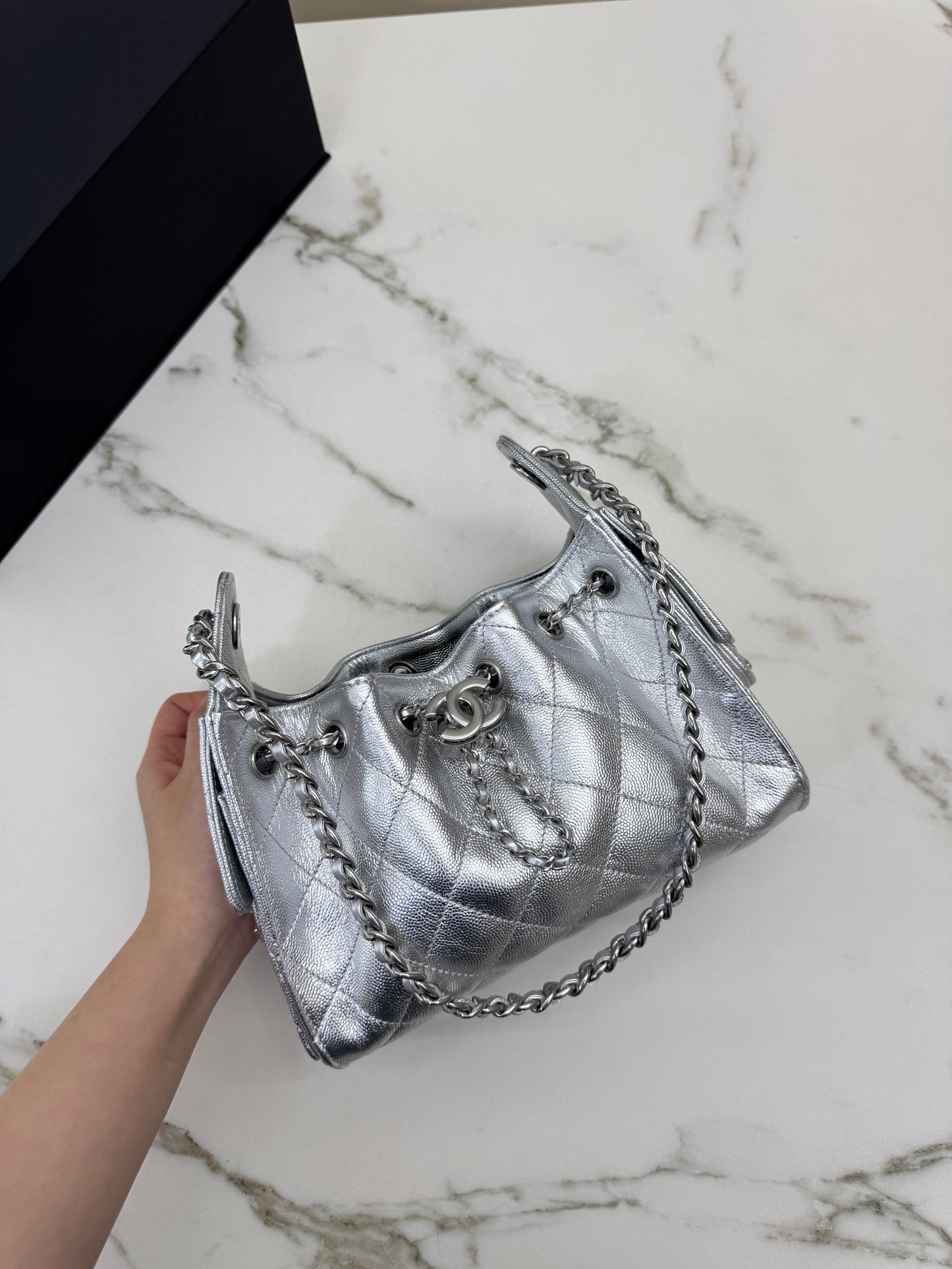 CHANEL Mini 25 Bag 銀色荔枝皮銀扣 Silver Caviar Calfskin PHW