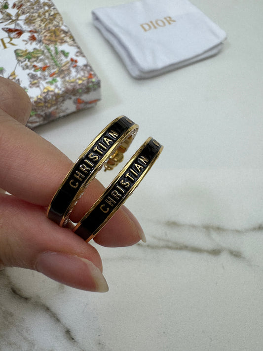 DIOR 圈型耳環 黑色琺瑯水鑽