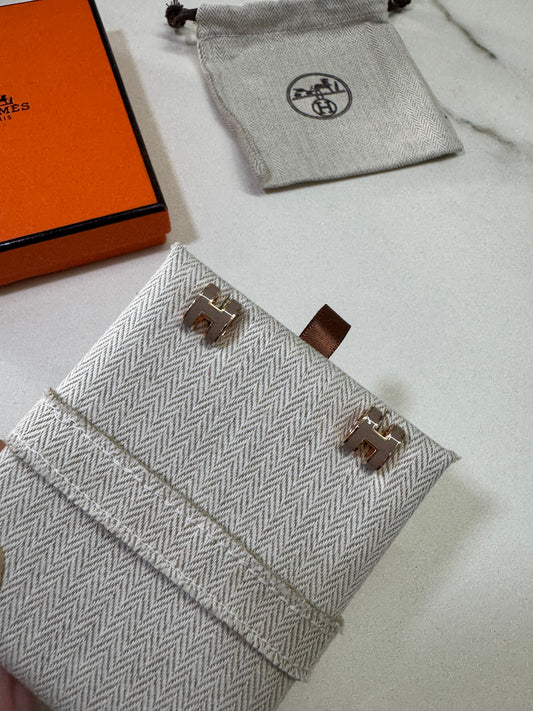HERMES Pop H 奶茶灰 玫瑰金耳環