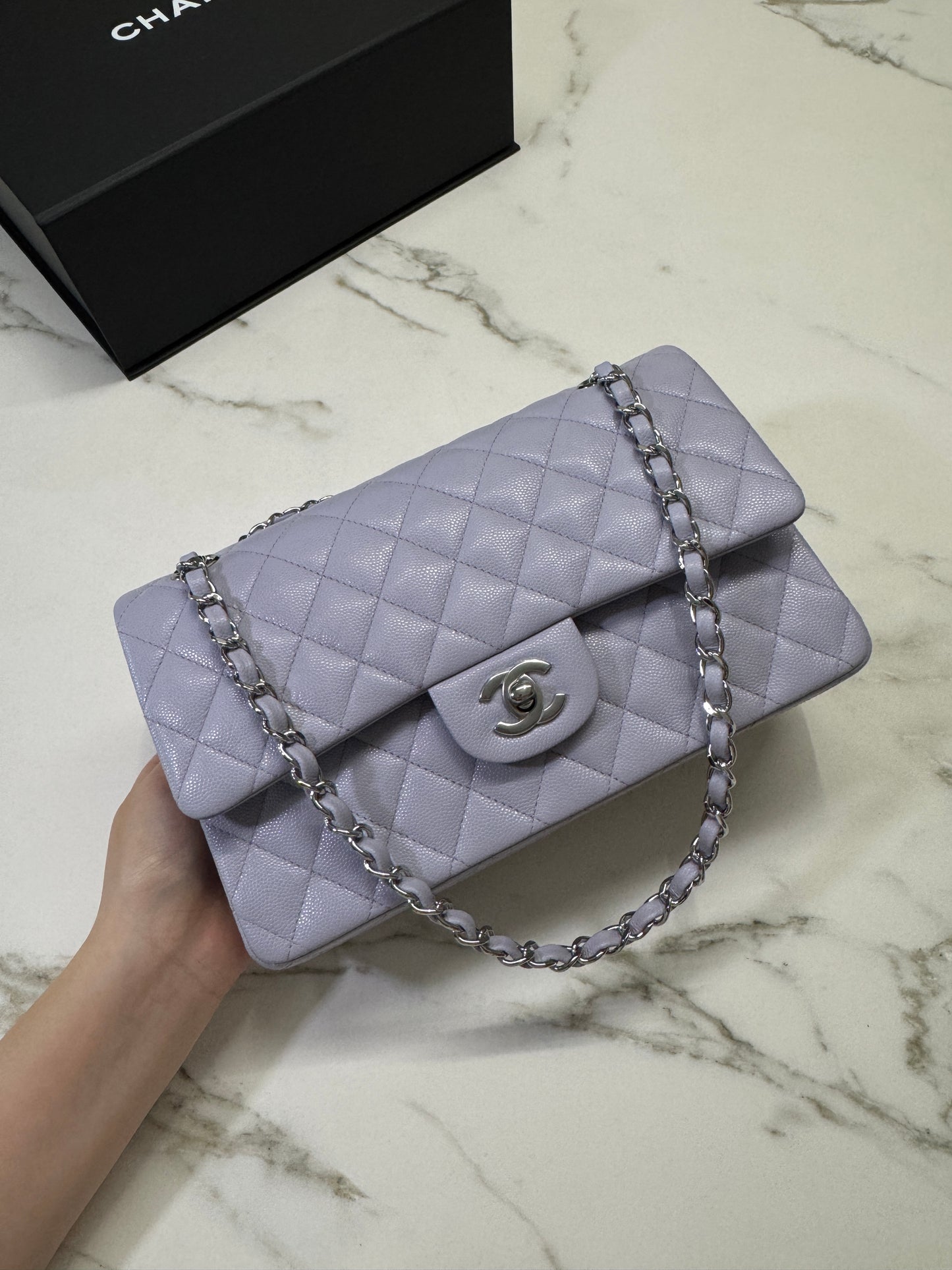 CHANEL CF25 Medium 21K香芋紫銀扣 牛皮 caviar